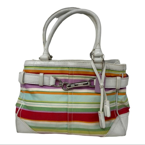 Coach Handbags - Coach Hampton striped  canvas and leather satchel 10704